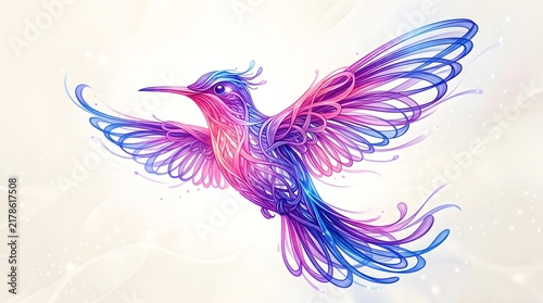 Colorful Abstract Hummingbird with Flowing Ribbon Wings on White Background