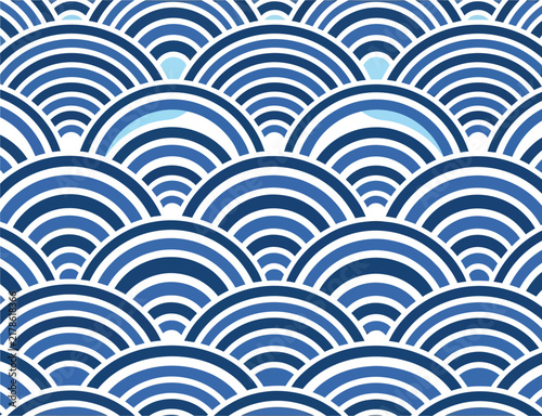 Traditional Japanese Seigaiha Wave Pattern in Shades of Blue and White