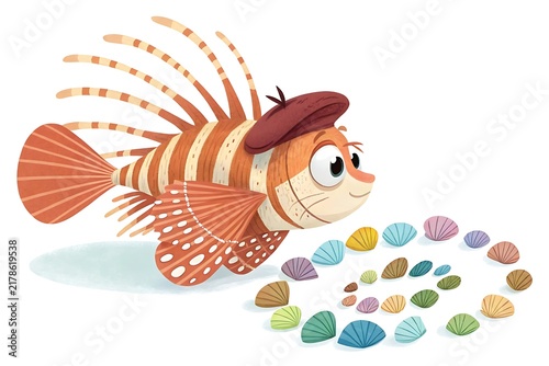 Cartoon lionfish wearing a hat in colorful sand