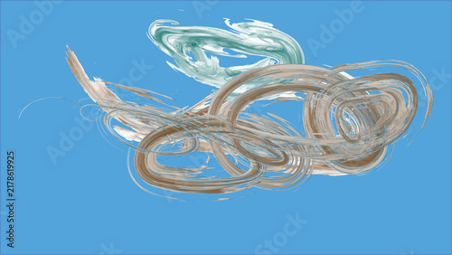 Abstract curly chaotic lines and brush stroke swirl pattern design element in earth tones on solid blue background.