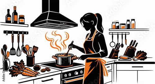 Chef Stirring Pot in Modern Kitchen  