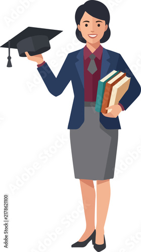 Illustration of a Female Teacher Holding Books and Cap