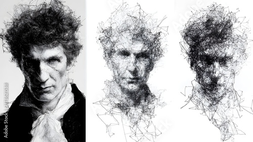 drawing of abstract faces emerging from chaotic pencil line compositions
