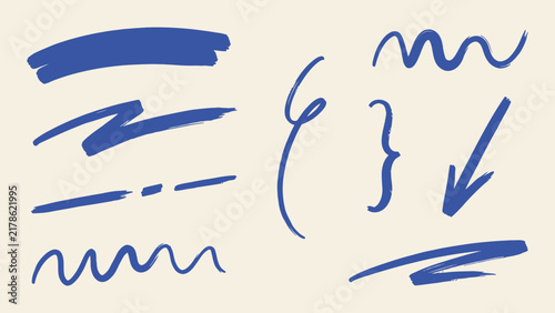Blue hand drawn brush strokes vector set with arrows wavy lines and underlines for graphic design elements