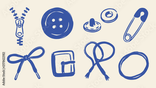 Hand drawn vector illustration of clothing fasteners and sewing notions including zipper button safety pin buckle and bow
