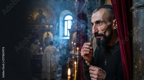 In a church shrouded in smoke and candlelight, a man with a beard and short hair, dressed in priestly vestments, holds incense in his hands and sniffs, while smoke surrounds him.