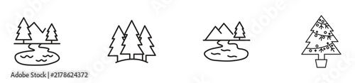 Line icons depicting river with mountains, pine forest, and decorated Christmas tree