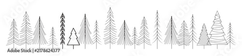 Panoramic line art drawing of various pine and fir trees arranged horizontally