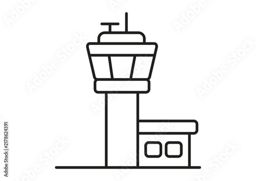 Minimalist line art illustration of an airport control tower with base building