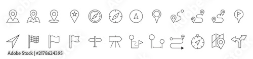 Comprehensive set of black outline icons for location pins, compasses, map routes, and flags