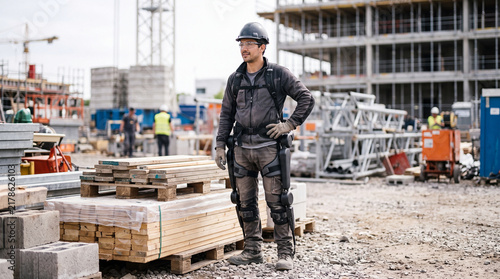 Construction worker wearing exoskeleton suit and safety gear standing on busy building site
