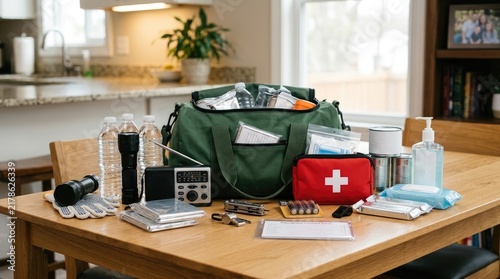 An emergency preparedness kit featuring a green duffel bag, first aid kit, water bottles, radio, flashlight, and supplies arranged on a wooden table in a home kitchen