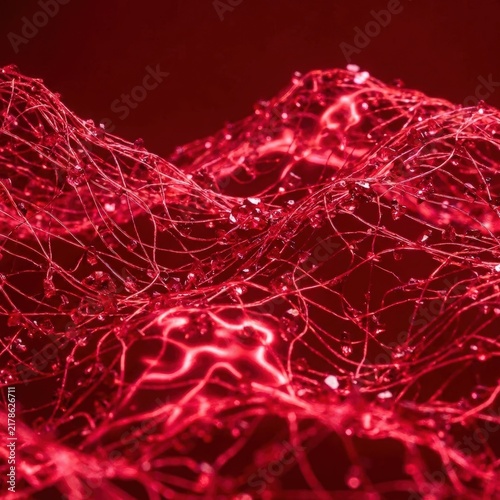 Abstract red fiber optic texture with glowing threads and sparkling beads on dark red background. Christmas decoration and festive backdrop concept. Macro detail for holiday design