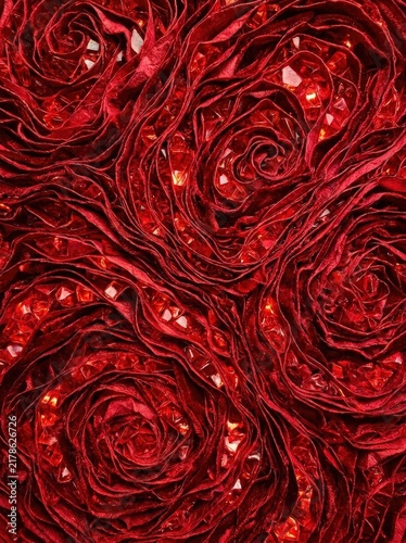 Red fabric texture with rose spiral pattern and shiny sequins. Luxurious draped silk cloth background with sparkling details. Elegant fashion and holiday design backdrop.
