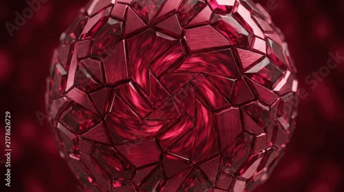 Abstract red crystal sphere with faceted glass texture on dark red background. 3D render of shiny gemstone ball. Luxury jewelry and elegant holiday design concept.