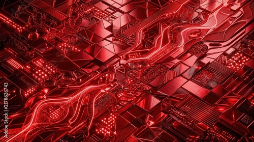 Abstract red technology background with glowing circuit patterns and geometric shapes. Futuristic digital motherboard texture with neon light