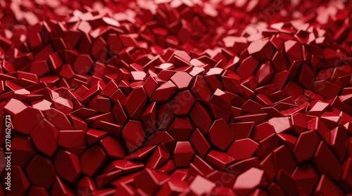 Abstract red geometric background with glossy crystalline shapes and low poly texture. Wave of shiny faceted fragments. Modern 3d design backdrop for wallpaper, presentation and graphic layout