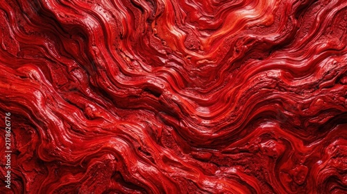 Abstract red liquid paint texture with swirling waves and glossy flow. Dynamic marbled background in crimson and scarlet tones for wallpaper, banner, backdrop and creative design projects.