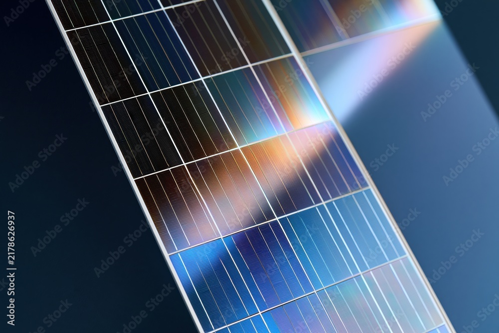 Obraz premium Extreme macro of solar cell surface showing fine busbar details and iridescent light reflections