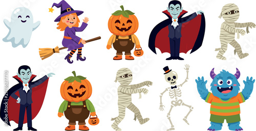 Cute Cartoon Halloween Character Collection with Little Witch on Broomstick, Friendly Vampire, Ghost, Pumpkin Mascot, Mummy, and Dancing Skeleton Vectors for Kids Creative Graphic Designs