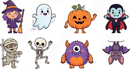 Cute Halloween Cartoon Character Sticker Set with Chibi Witch, Friendly Ghost, Pumpkin, Vampire, Skeleton, and Fluffy Monster Vectors for Holiday Designs