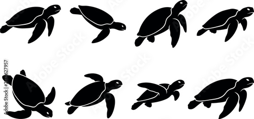 Sea Turtle Black Silhouette Vector Set with Swimming Ocean Creatures, Marine Wildlife Shapes, and Decorative Tortoise Graphics for Laser Cut, T-Shirt, and Logo Designs