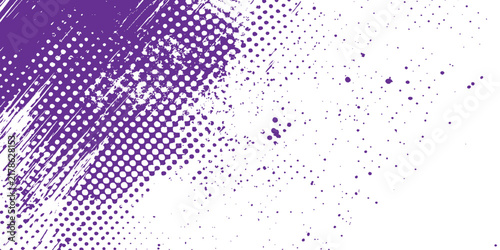 Abstract purple halftone dot texture background with distressed grunge brush strokes and creative dynamic vector illustration.