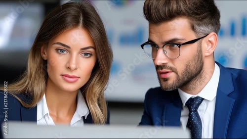 Business colleagues reviewing data on laptop display