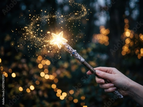 Hand holding a glowing magic star wand with sparkling fairy dust