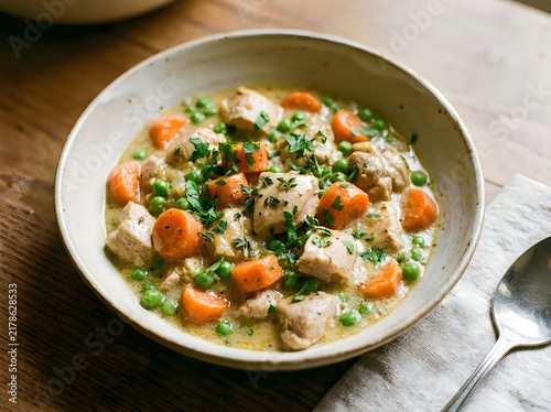 Creamy chicken stew with carrots and green peas in a bowl