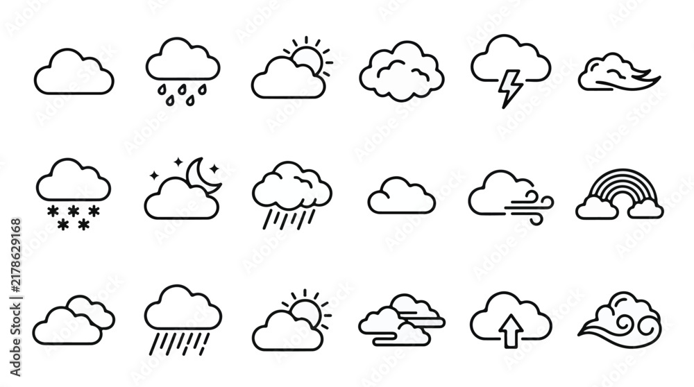 Obraz premium Weather and Cloud Forecast Line Art Icon Set 