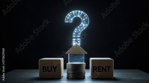 A conceptual image showing a house model with stacked coins and a glowing question mark above it, flanked by blocks labeled 