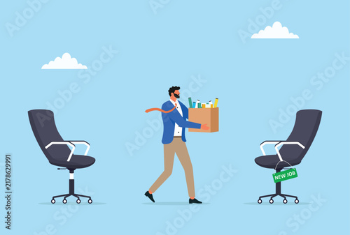 Businessman leaving old job for new career opportunity, employee carrying office belongings between empty chairs concept