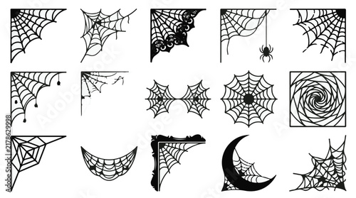 Halloween spider web corner borders, 15 black cobweb vector icons, spooky decorative frame elements for gothic party invitations isolated PNG with Transparent Background Halloween Editable EPS