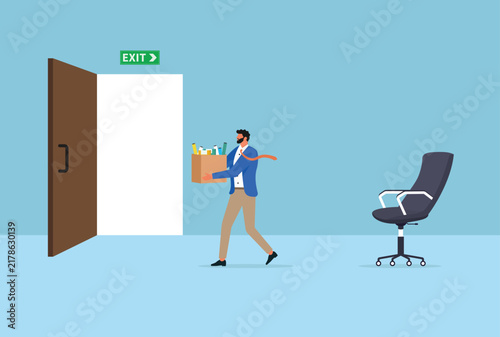 Employee leaving office with belongings, job resignation and career change concept with empty office chair and exit door