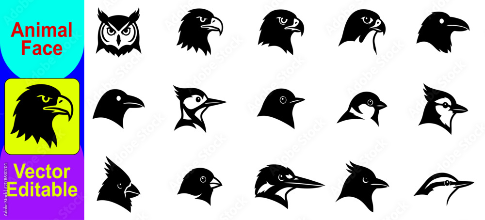 Fototapeta premium Set of black and white bird head icons featuring various species including owl eagle raven and other wild avian silhouettes