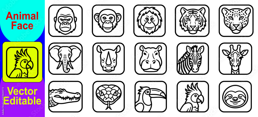 Fototapeta premium Set of fifteen hand drawn animal face icons featuring various wild creatures in a clean black and white line art style