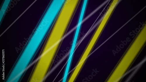 Vibrant glowing diagonal stripes in cyan, yellow, and white light lines moving across a dark background, perfect for digital backgrounds, motion graphics and tech presentations