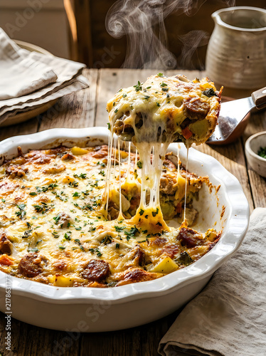 Fresh hot casserole with melted stretchy cheese in a white ceramic baking dish on a wooden table