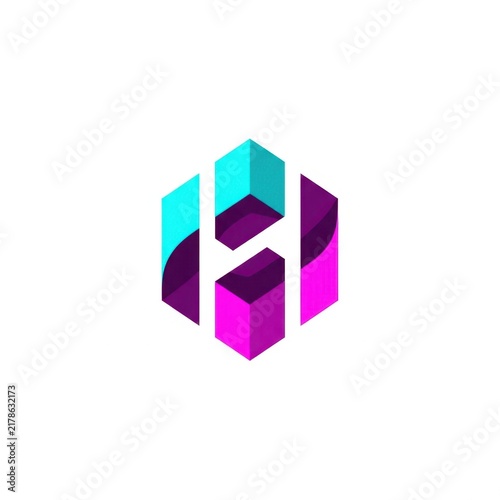 3D Isometric Hexagonal Logo Asset Featuring a Stylized Letter H Composed of Cyan and Magenta Geometric Cubes Isolated on a White Background for Corporate Brand Identity.