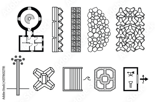 Architectural engineering elements set, revetment, lighthouse, construction icons