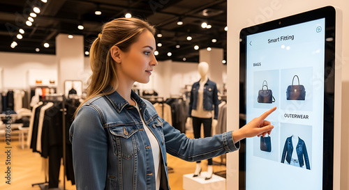Young woman browsing bags and outerwear on a smart fitting interactive kiosk in a store.