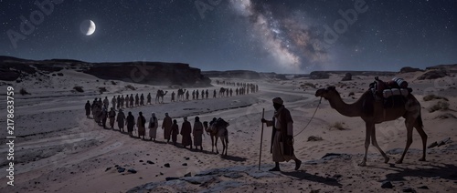 Camel caravan walking through desert under starry sky and crescent moon