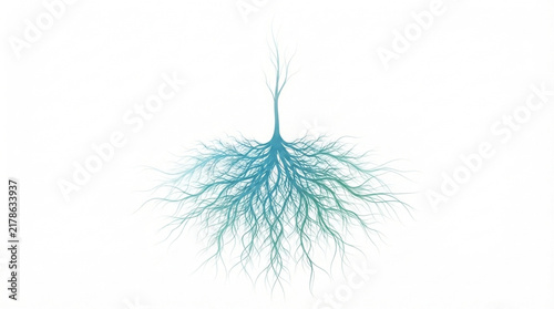 Abstract illustration of a small sprout with extensive branching root system, growth and foundation concept, light background