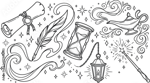 Black and white line art of magical fantasy objects including parchment quill hourglass lantern genie lamp and wand