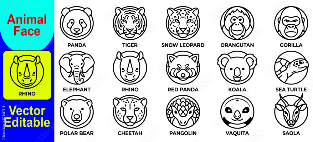 Obraz premium Set of cute animal face line art icons featuring various wild creatures in a circular minimalist style for graphic design projects
