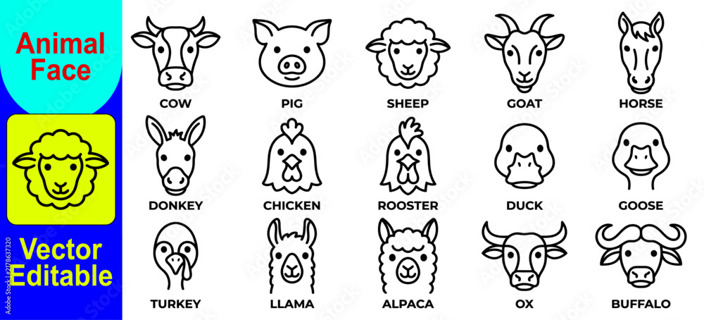 Obraz premium Set of cute farm animal faces line art icons featuring cow pig sheep goat horse donkey chicken rooster duck goose turkey