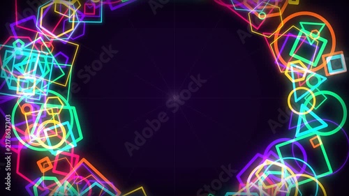 Vibrant neon geometric shapes expanding outward on a dark background, suitable for party intros, music videos and dynamic motion design