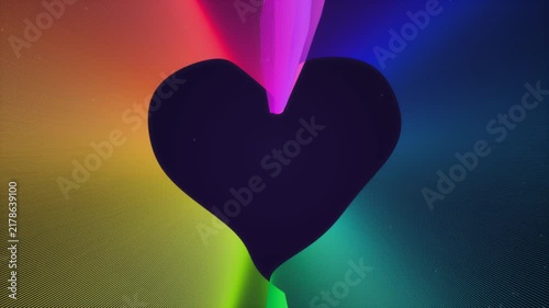 Vibrant glowing rainbow line waves swirling around a dark central heart shape, suitable for motion graphics, digital art and screen background