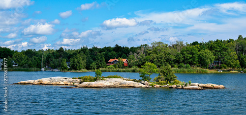 Panorama of a small rocky island in the archipelago off Stockholm in the Baltic Sea, Sweden;